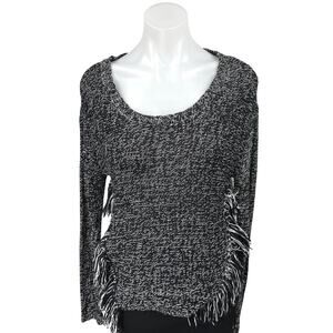 Aqua Women's Black Knit White Fringe Long Sleeve Pullover Sweater Top Size S